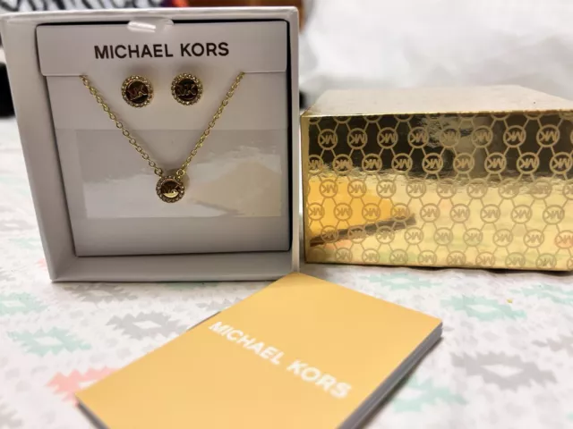 Mk Michael Kors Monogram Necklace Earrings Set Rose Gold Tone New 1149