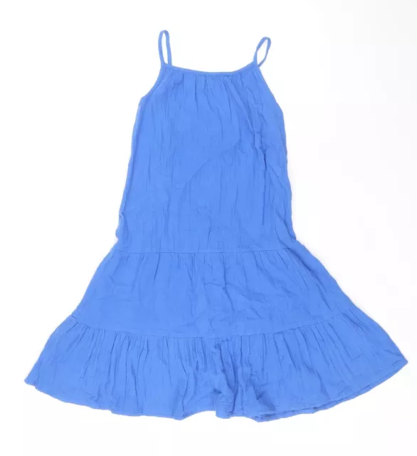 Marks and Spencer Girls Blue 100% Cotton Skater Dress Size 6-7 Years Square Neck