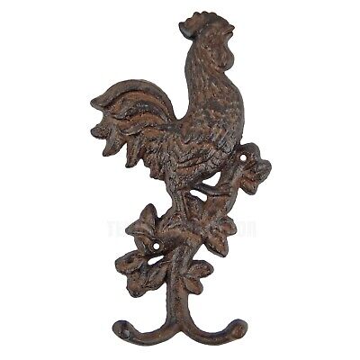 Rooster on Tree Double Wall Hook Cast Iron Coat Towel Hanger Country Western