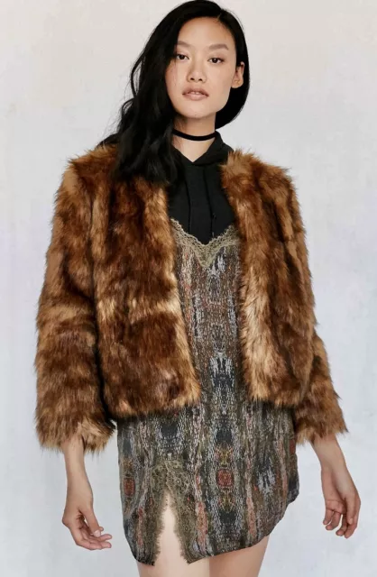 NWT Urban Outfitters Kimchi Blue brown Faux Fur Boxy Crop Jacket Coat S