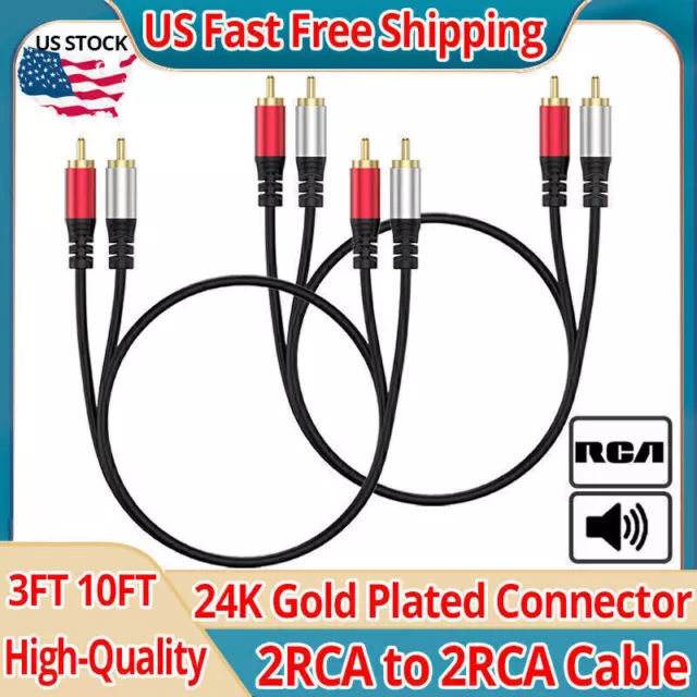 3FT 10FT Gold Plated RCA Male L/R Stereo Audio Cable Cord Plug 2RCA to 2RCA USA