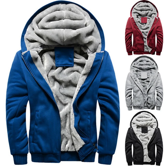 Men Fleece Hoodie Warm Full Zip Sherpa Lined Hooded Sweatshirt Winter Jacket