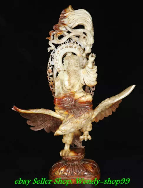 19" Old Natural Hetian Jade Fairy Shakyamuni Amitabha Buddha Devil Eagle Statue