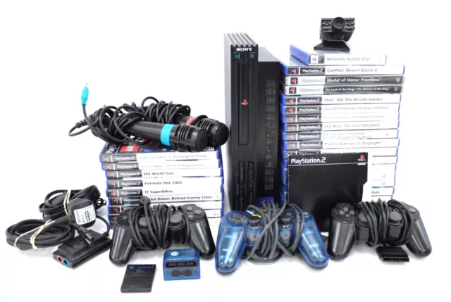 SONY PlayStation 2 PS2 Game Console Bundle Inc 27 Games, 3 Controllers Etc - B17