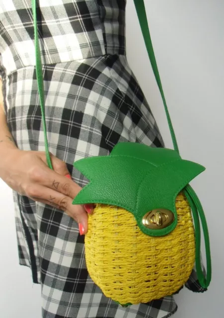 Sac à main paille osier rigide ananas pineapple jaune vert original pinup rétro