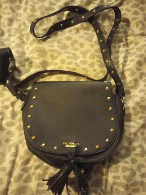 New Victoria's Secret Vegan Faux Leather Black Gold Studded Crossbody Bag Purse