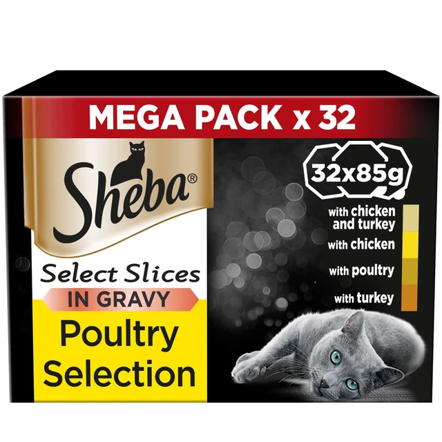 32 x 85g Sheba Select Slices Adult Wet Cat Food Trays Poultry Selection in Gravy