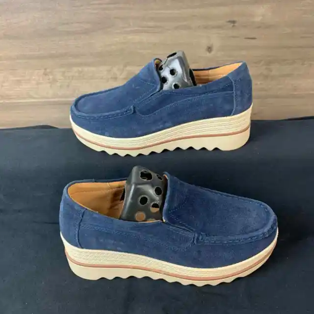 Women's Slip On Blue Platform Comfort Shoes Suede Low Top Wedge Loafers Sz 37