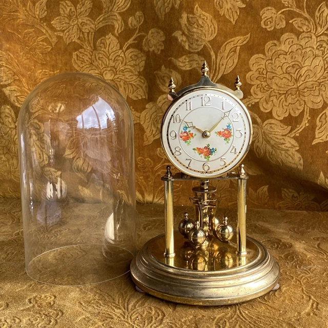VINTAGE WORKING BRASS Wind Up Anniversary Clock Kundo Skeleton Glass