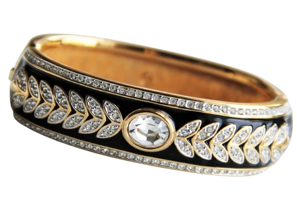 Swarovski Crystal Black Enamel Laurel Leaf Hinged Bangle Bracelet Swan Logo