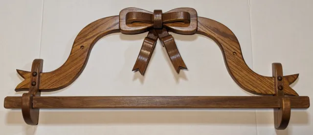 Vintage Oak Towel or Blanket Bar Rack With Bow Design