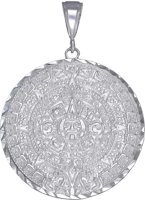 Sterling Silver Aztec Calendar Mayan Sun Charm Pendant Necklace Diamond-Cuts