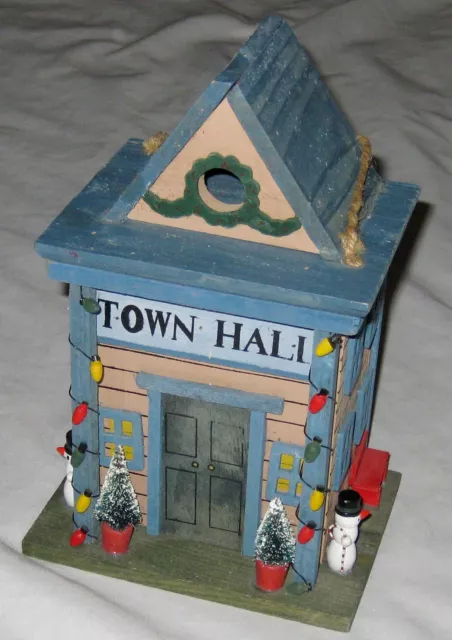 Blue Brown 10" Town Hall Cottage Bird House Decoration w Trees Benches Snowmen