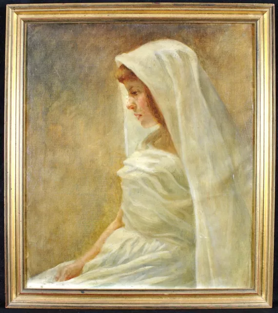 19th CENTURY FRENCH OIL ON CANVAS PORTRAIT OF A BRIDE ANTIQUE LADY PAINTING