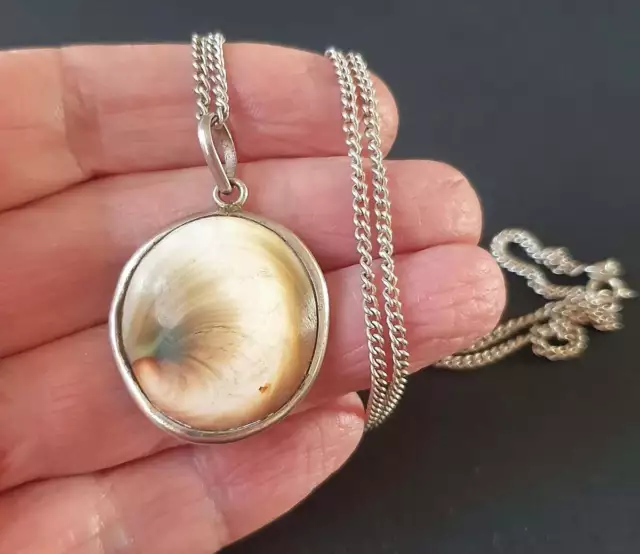 Vintage Sterling Silver Operculum Shell Pendant Necklace