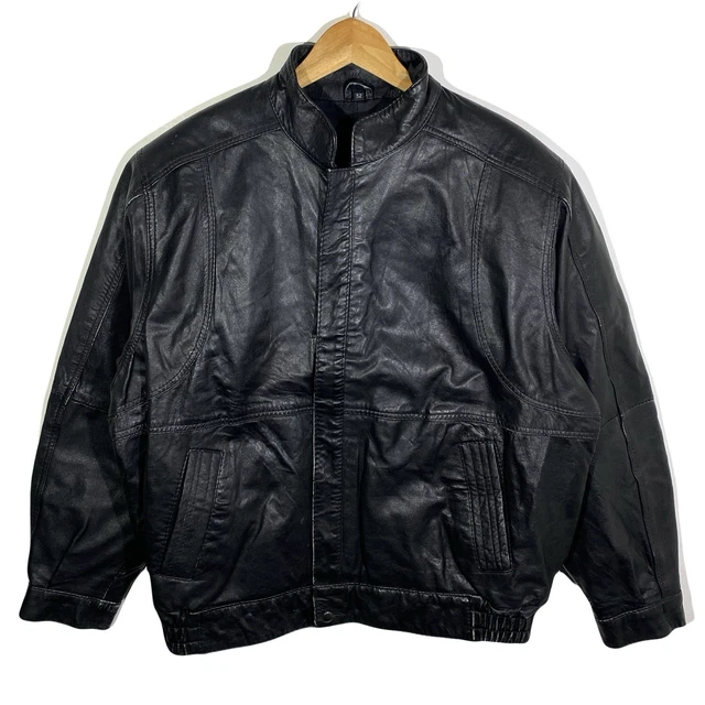 Blouson Bomber En Cuir Noir Vintage Années 80 – Occasion Très Bon état, Taille S Homme
