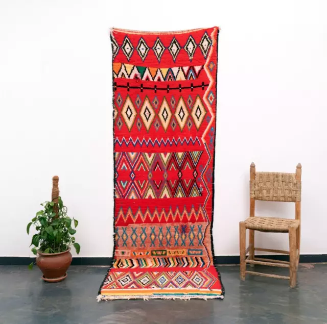 3×9  Moroccan Handmade Vintage Red Vintage Runner Berber Rag Rug Boho