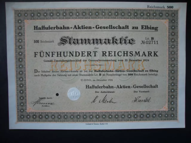 Aktie Haffuferbahn-AG 500 RM 1924 Elbing Ostpreußen