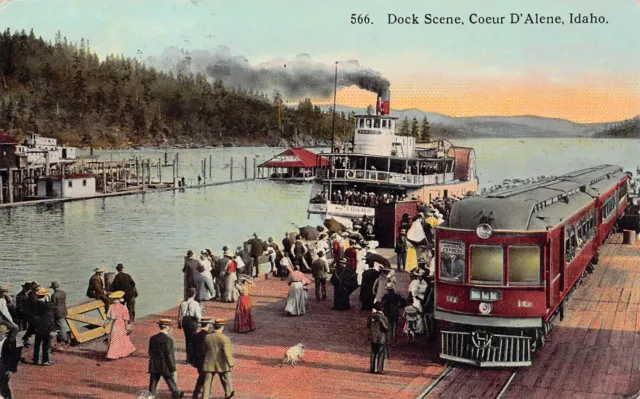 Lake Coeur d’Alene ID Idaho Train Railroad Station Depot Pier Vtg Postcard A34
