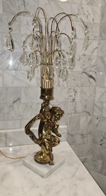 Vintage Brass Cherub Angel Crystal Waterfall Lamp W/ Marble Base 21.5"