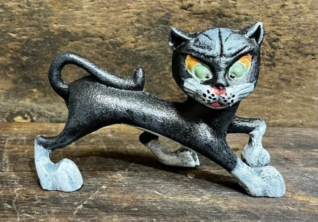 Black Cat w/ Green Eyes Crawling Cast Iron Figurine Door Stop, 5” x 8”