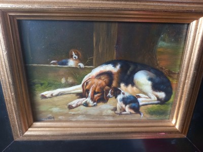 Tableau Ancien Huile Sur Toile - Scène De Chasse Avec Chasseur, Épagneuls Et Cheval