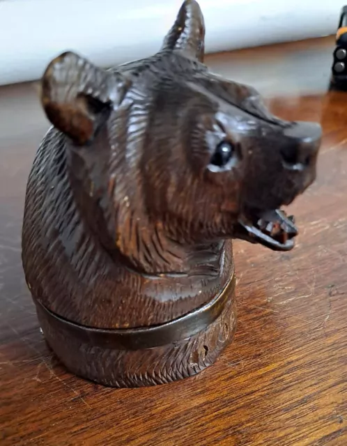 Antique Hand Carved Novelty Wooden Black Forest Bear Head Inkwell 1890 Germany 3