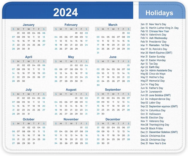 2024 CALENDAR MOUSE Pad, New Year 2024 Mousepad with Holidays, Anti