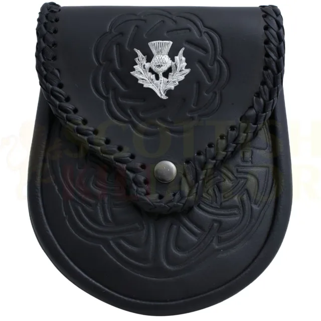 Handmade Celtic Embossed Black Leather Sporran With Silver Chrome Thistle Badge