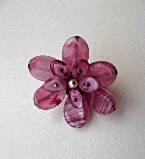 Ancienne Broche Décorative Perles De Verre Rose - État Très Bon