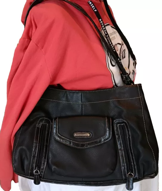 Laura Scott Bag Leather Purse Handbag Shoulder Tote Black Large Zip Ladies NWOT