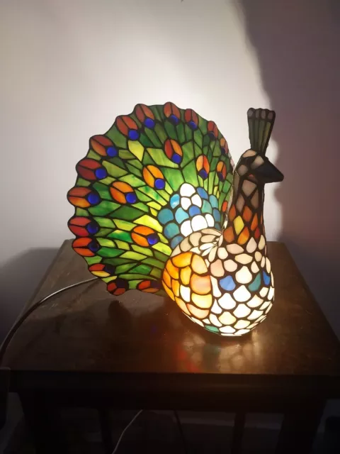 Stunning Large Tiffany Style Glass Peacock Lamp