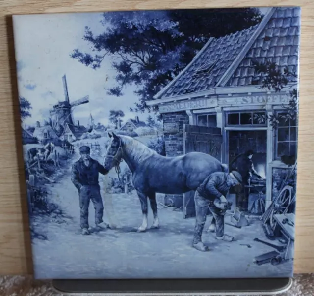 Vintage Dutch Delft Blue Tile Mid Century Wind Mill, horse, man & blacksmith