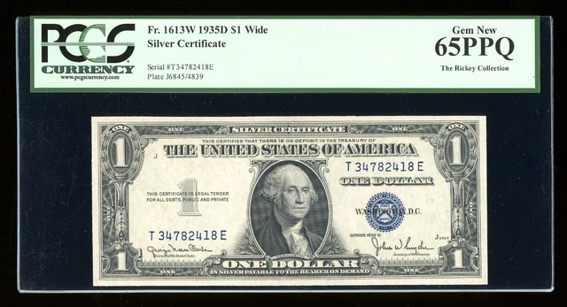 DBR 1935-D $1 Silver Fr. 1613W Wide TE Block Gem PCGS 65 PPQ Serial T34782418E