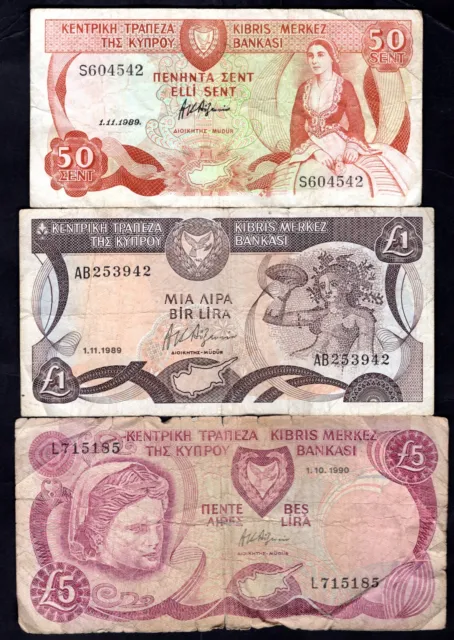 Cyprus, 50 Sent, 1989, £1, 1989 & £5 1990.