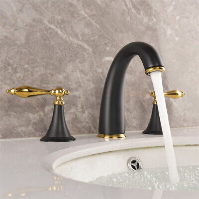 Black & Gold Brass Widespread Bathroom Sink Faucet 3 Holes 2 Handles Mixer Tap