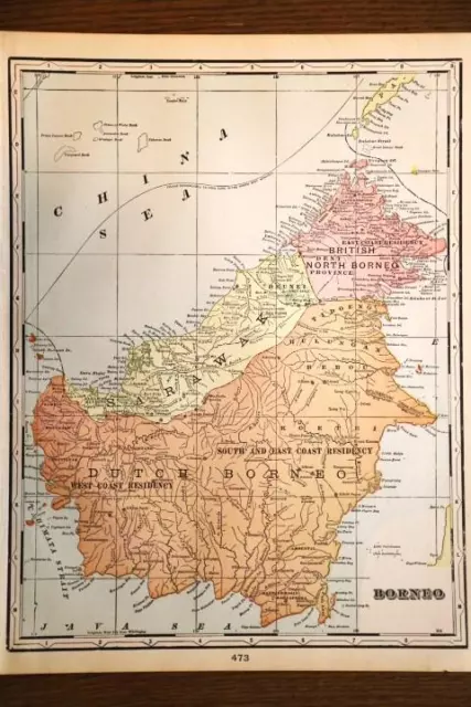 1901 Antique Cram Atlas Map-Borneo-Excellent Detail