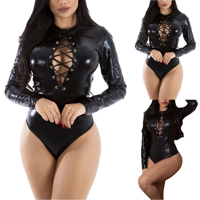 Body Haut Faux Latex Noir - Effet Mouillé - Style Gothique/punk - Taille Petit