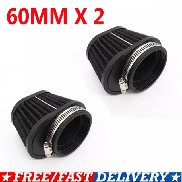 2X 2.35in/60mm Motorcycle Air Filter Cone Clamp-on Intake Pod Cleaner Universal