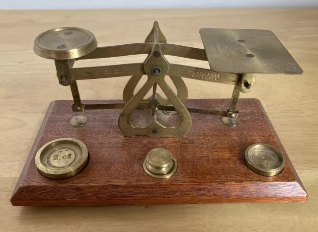 Vintage Small Brass Postal Letter Scales On Wooden Plinth With Weights