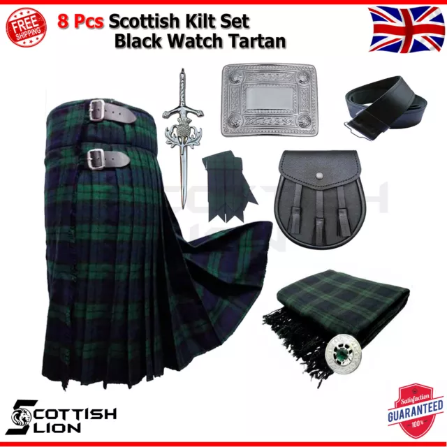 8 Pcs Traditional Scottish Highland Kilt Outfit Set Black Watch Tartan 5 Yards