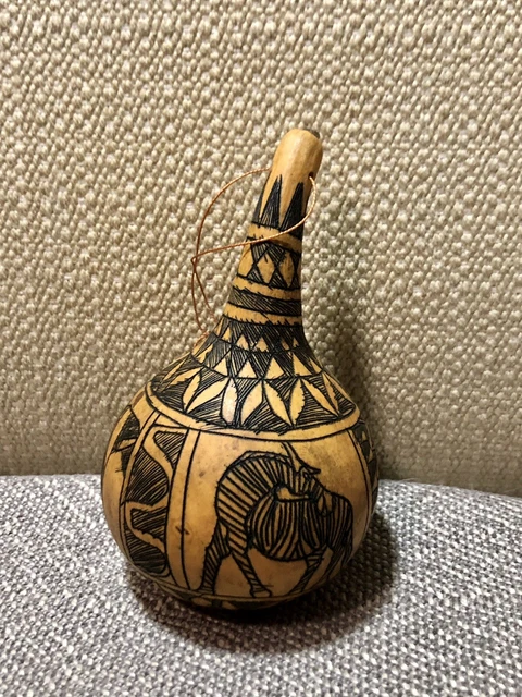 Vintage African Tribal Folk Art Hand Carved Shaker Gourd Animals - Artist Signed