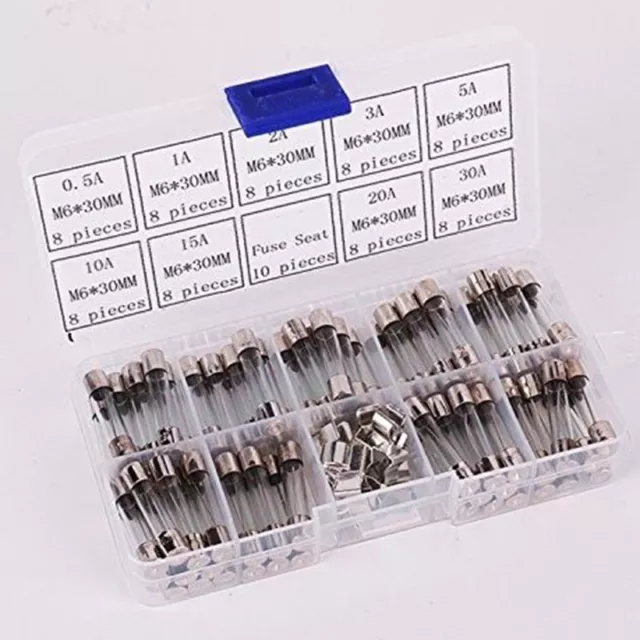 72pcs Fusible Tube en Verre Fast-Blow 6x30mm 0.5A-30A Fuse Assorted Kit MS