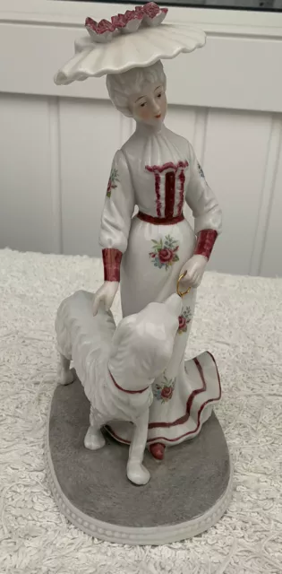 Vintage Victorian Lady With Dog Porcelain Figurine - White with Red Roses