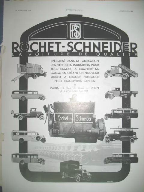 PUBLICITE DE PRESSE ROCHET SCHNEIDER AUTOMOBILE DE QUALITé FRENCH AD 1931