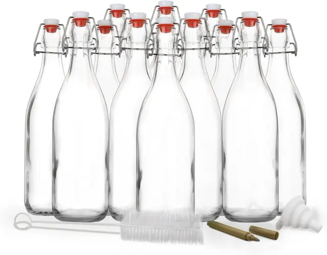 Set of 12| 17 oz Round Glass Bottle Set with Airtight Swing Top Stoppers