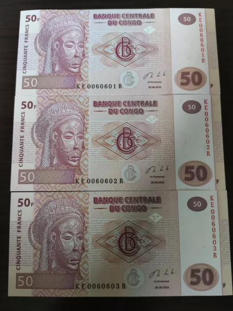 Serie 3 billets Congo 50 frs 2013 numeros se suivent UNC a saisir a 1,15 euro!
