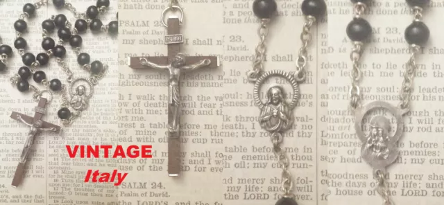 🌟 BLACK ROUND BEADS ROSARY Sacred Heart of Jesus & Mary Crucifix Italy VINTAGE
