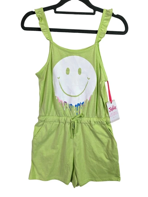 Justice Girls size L 12 14 Neon Lime Green Smiley Face Pockets Romper Jumpsuit