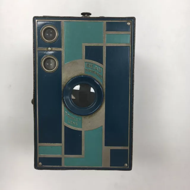 1930 Kodak Teal Blue Beau Brownie Box Camera Art Deco Rare Vintage